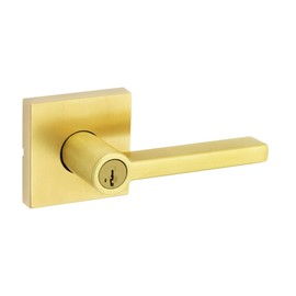 Kwikset Halifax Entry Door Handle with Lock and Key, Secure Keyed Reversible Lever Exterior, For Front Entrance and Bedrooms, Satin Brass, Pick Resistant Smartkey Rekey Security and Microban