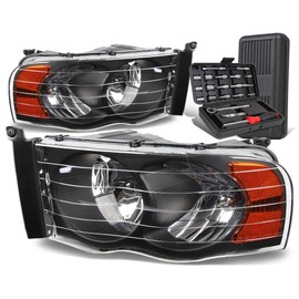 Auto Dynasty Black Housing Amber Corner Headlight Lamps+Tool Kit Compatible with Dodge Ram 1500 2500 3500 02-05