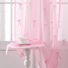 Tegeme 2 Panels Pink Bow Sheer Curtains 84 Inches Long Embroidered Voile Curtains Decorative Coquettish Sheer Shades Faux Linen Semi Window Decor for Home Party Office