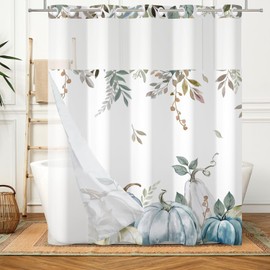 Canessioa Fall Pumpkin No Hook Shower Curtain with Snap in Liner Autumn Thanksgiving Day Bathroom Curtains Green Leaves See Through Top Window Double Layers Harvest Shower Curtains 71x74 in