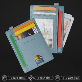 GADIEMKENSD Slim Wallet Minimalist Card Holder RFID Blocking Compact Purse Money Organisers with D-Loop for Lanyard Key Bus Pass Bank Cards for Men Women Travel Business Saffiano Sky Blue