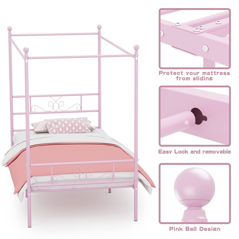 Weehom Twin Canopy Bed Frame with Headboard and Footboard, 4