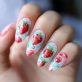 Almond Press on Nails Medium Fake Nails Pink Gradient French Tip Glue on Nails Red Strawberry Nail Press ons Light Green Glossy Artificial Stick on Nails for Women 24Pcs Art Style