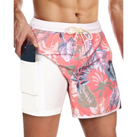 SURF CUZ Mens Swim Trunks with Compression Liner 5" Swimming Trunks 5 Inch Retro Swim Shorts with Zipper Pockets,Aloha,L