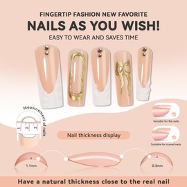 CUZIAM Chrome Gold Bow White French Tip Press on Nails Long Square-3D Ripple Fake Nails with Glue&File&Jelly Stickers, Autumn Winter New Year Nail for Women Daily Wear, Salon Effect in 5 Mins(24PCS)