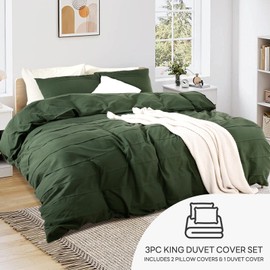NEXHOME PRO 100% Organic Cotton Duvet Cover King Size, Pleated Textured Duvet Cover Set Forest Green, 3pc Bedding Set with Zipper Closure, Soft Lightweight and Breathable,104"x90", No Comforter