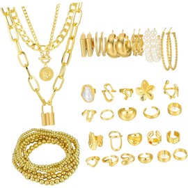Conjunto de joyería floral llamativo que incluye collar de cadena y anillos Colección de joyería de línea moderna con aretes atrevidos y