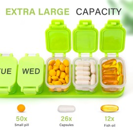 Extra Large Weekly Pill Organizer - Waterproof 7-Day Pill Box, Portable Vitamin & Supplement Case, Easy to Open Design, Ideal for Travel a nd Daily Medication Management (Green)