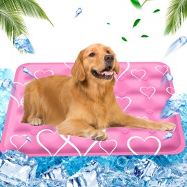 AHYDFSR Cooling Mat for Dogs, Water Injection, Cooling Blanket for Dogs, Waterproof and Scratch-Resistant, Use Self-Cooling with Non-Toxic Gel, Pink Heart, 60 x 90 cm, XL