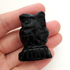 Manekieko Natural Black Obsidian Owl Crystals and Healing Stones Figures Collectibles, 40 mm Office Decoration Gemstone