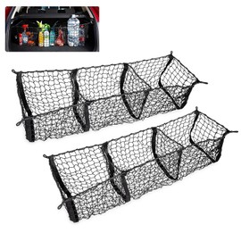 Zento Deals Black Stretchable Mesh Three Pocket Organizer Car Pickup Truck SUV Trunk Cargo Storage Net Holder with Hooks Screws Buttonholes Heavy Duty Premium Quality (44 x 12 x 12 inches) - 2 Pack