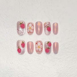 TENPAL Press on Nails 10Pcs with Tools Kit,3D Strawberry Spring Summer Pink Aurora Fake Nails,Cute Floral Almond Short Nails,Full Cover False Nails Simple Blush Glue on Nails Sweet Summer Nails(S)
