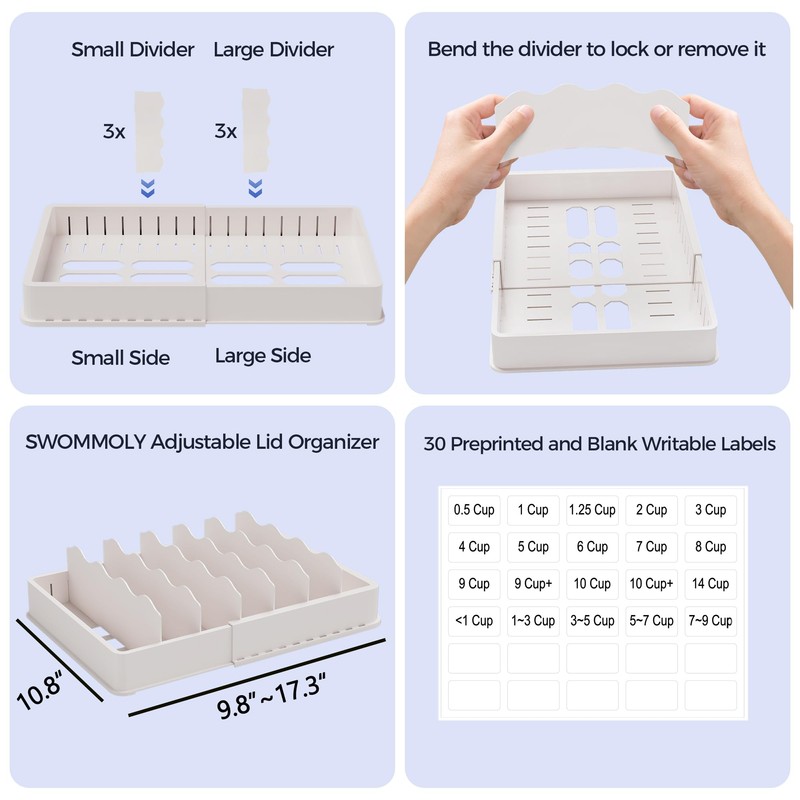 SWOMMOLY Expandable Food Storage Container Lid Organizer, Includes 6 Adjustable
