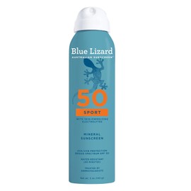 BLUE LIZARD Sport Mineral Sunscreen Spray SPF 50+, marca recomendada por dermatólogos, protección UVA/UVB de amplio espectro, resistente al agua, fórmula de óxido de zinc, vegano, 5 onzas líquidas