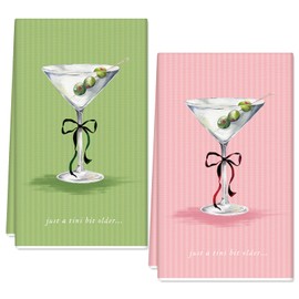 FYSUIMU A Tini Bit Older Kitchen Dish Towel 18 x 28 Pink Green Martini Dishcloth Decorative Hand Drying Tea Towel for Birthday Bachelorette Cooking Baking Cleaning, 2Pcs