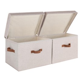 StorageWorks Closet Storage Bin with Lids, Decorative Storage Boxes with Handles, Fabric Storage Bins for Clothes, Jumbo, Brown and Beige, 2-Pack