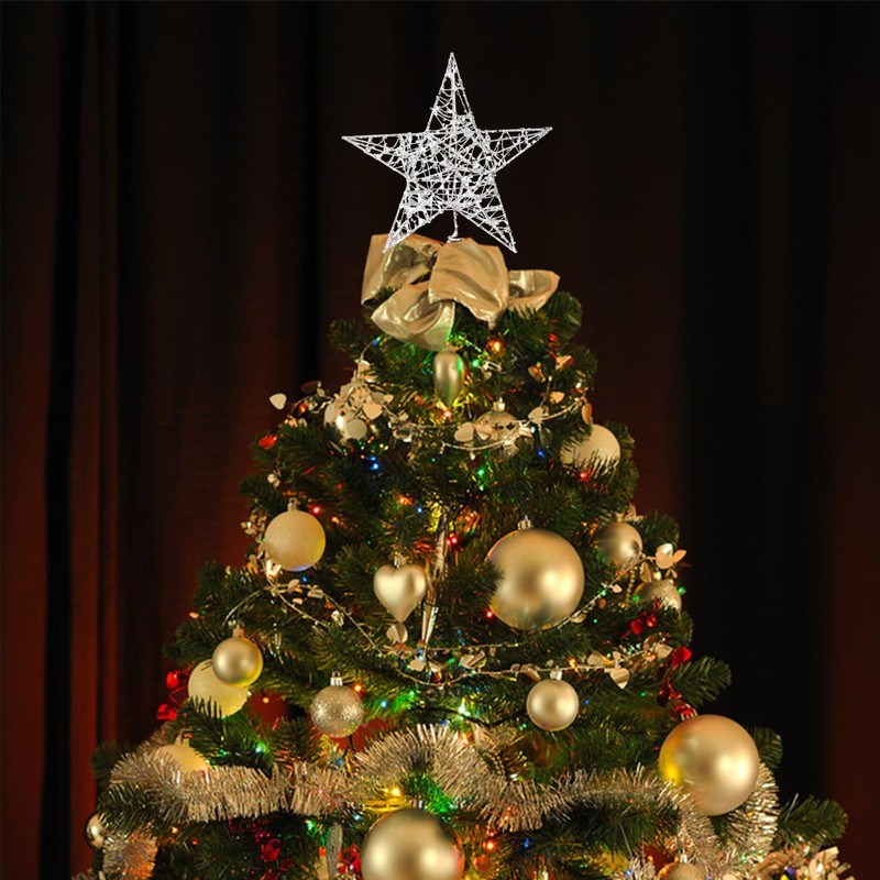 VEYLIN Christmas Tree Topper, Silver Glittered Hollow Christmas Tree Topper