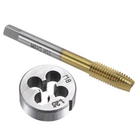 sourcing map Tap and Die Set Metric M8 x 1.25, HSS (High Speed Steel) Titanium Plated Machine Spiral Point Thread Screw Tap, Alloy Steel Round Threading Die