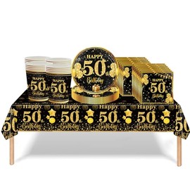 53Pcs Black Gold 50th Birthday Party Tableware Decorations,50th Birthday Table Cloth Plates and Napkins Cups Sets for Women Him Men Birthday Table Decor for 50th Birthday Gifts Dinnerware