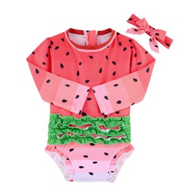 18-24 Month Swimsuit Girl Long Sleeve Rash Guard Bathing Suit Toddler One Piece Ruffle Swimwear with Headband Bow Red Watermelon