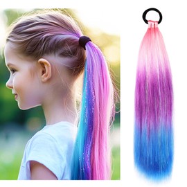 Rainbow Ponytail Extensions With Hair Tie 1 Packs 80g/Pack Coloured Hair Extensions for Braiding 18 inch Colorful Ombre Mermaid Pony Tail Synthetic Hair Extensions for Girl Women XX39