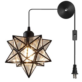 AECBUY, Clear PVC Star Ceiling Hanging Droplight Retro Style Black Metal Pendant Lamp Industrial Plug in Light to for Dining Room Living Bedroom, ddct210929B04