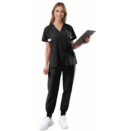 Bovchies Women’s Scrub Set, V-neck Top & Jogger Pants with 9 Pockets, Yoga Medical Uniform Nursing Scrubs for Women Set