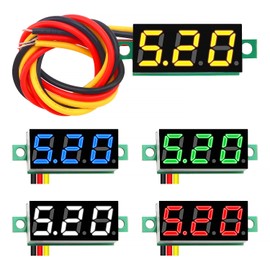 YIXISI Pack of 5 0.28 Inch Mini Digital Voltmeter, Measuring Range DC 0-100 V, Three-Wire Voltage Tester, Reverse Polarity Protection and Accurate Pressure Measurement (Red, Yellow, Blue, Green,