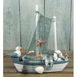 Maritime Decoration Wooden Boat with Seagull 17 cm Starfish Lifebuoy Ship Fishing Net Shell