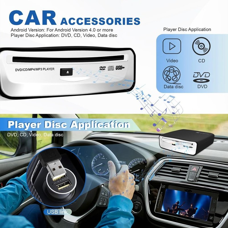 Clickinline Universal Portable Car External CD Player, Plugs Into Car