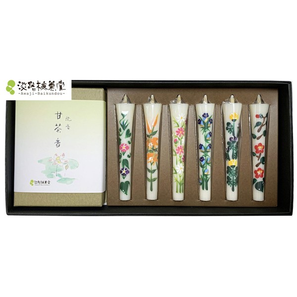 Awaji Baikaundo No. 3 Hand-painted Flower Candle Incense Incense Set, Gift for Promotion, 0.9 oz (25 g) and Handwritten Candle Set of 6 (Second Half) #1105