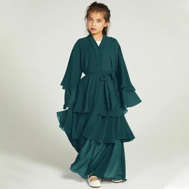 OBEEII Muslim Cardigan for Girls Solid Color Prayer Dress Islamic Dubai Abaya Clothing Casual Ramadan Party Long Sleeve Cardigan Muslim Robe with Hijab Grün 9-10 Years