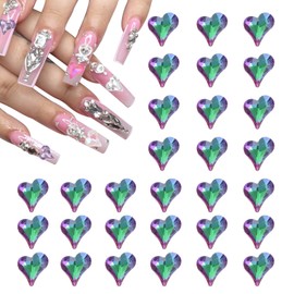 MECCANIXITY 50 Pcs 3D Heart Nail Charm Crystals Nail Gems 8x9mm Crooked Heart-Shape Art Rhinestone Charm for Valentine's Day DIY Decoration, Colorful Green