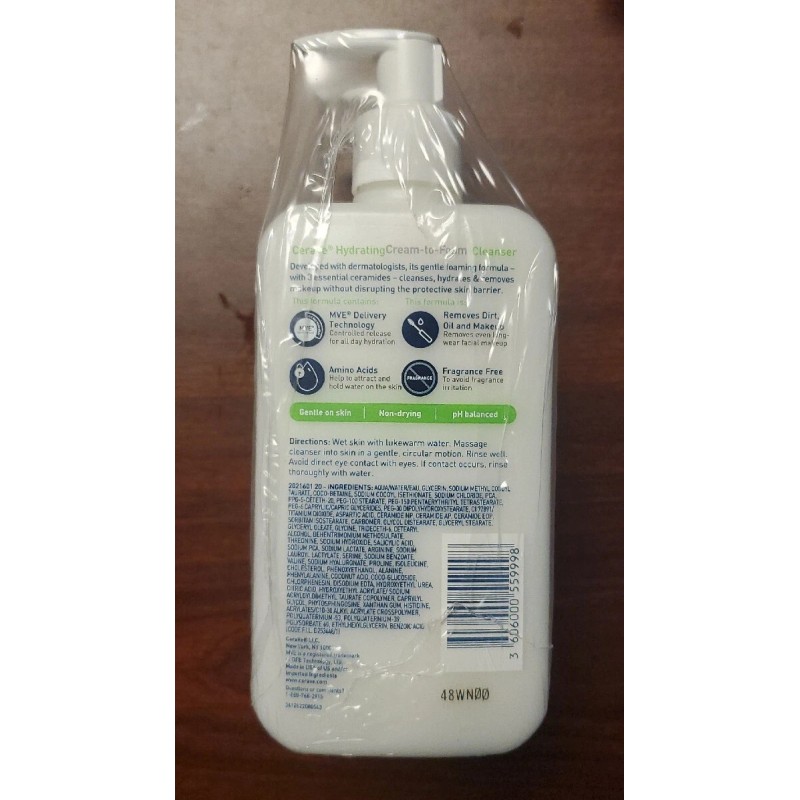 Cerave 3 Pk CeraVe Hydrating Cream-to-Foam Cleanser w/Ceramides Removes Makeup