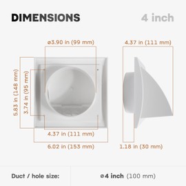 ECOPRO VENT 4 Inch White Plastic Dryer Vent Cover with Backdraft Damper – Exterior Wall Exhaust Hood Grille with Non-Return Protective Flap – Outside Air Vent Cover for Dryer, Bathroom & HVAC