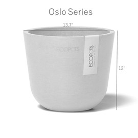 Ecopots Oslo Durable Modern Round Indoor/Outdoor Recycled-Based Composite Flower Pot Planter, White Grey, 14"