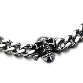 COOLSTEELANDBEYOND Mens Stainless Steel Curb Chain Skull Necklace Silver Color Gothic Style 30.3MM 22 inches