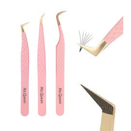 Ms.Queen - Pinzas de pestañas para extensiones, juego profesional de 3 piezas con punta de fibra en forma de L, para botas, volumen y pestañas curvadas