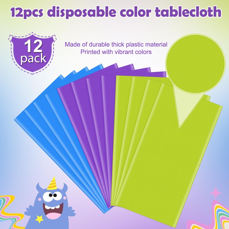 12 Pack Monster Plastic Tablecloth for Rectangle Tables, Blue Green
