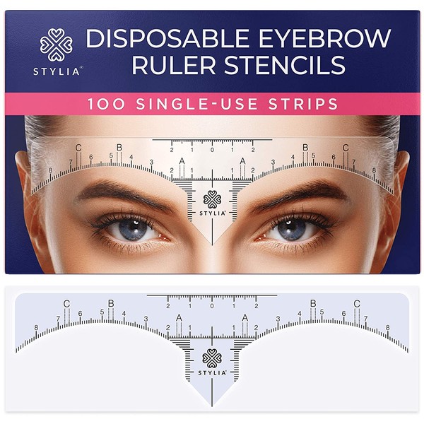 Disposable Eyebrow Ruler Stencils - Transparent Mapping Stickers for Microblading, Henna, Brow Extensions, Permanent Makeup - Peel & Stick Measuring Shaper Tool for All Face Shapes - 100-Pack
