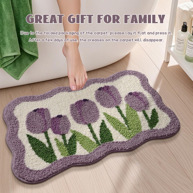 Wave-Shaped Tulip Bath Mat, Soft Non-Slip Fluffy Fresh Flowers Bathroom