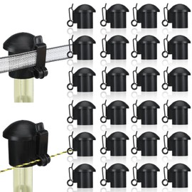 DoubleFill 24 Pcs Electric Fence Insulators and T Post Safety Cap, T Post Safety Topper Black Plastic T Post Insulators for T Posts, Wood Posts, Wire Holding Fencing Supplies