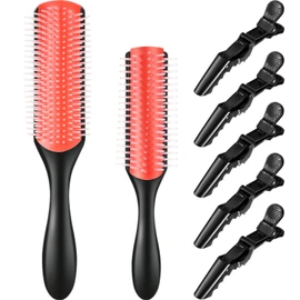 Juego de 7 cepillos de nailon para peinar cerdas de nailon, 9 filas de cepillo para desenredar el cabello rizado, 5 filas de cepillo de viaje y 6 clips para el cabello para separar, moldear, definir rizos, fijar el cabello (rosa)