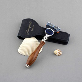 Wooden Razor for Men with 5 Edges Compatible Men's Razor & Leather Case for Safety, Suitable for Wet Shaving - Gift for Men