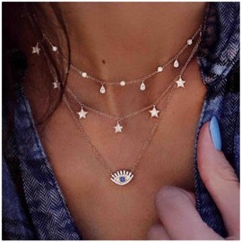 Cimenexe Bohemian Paved Evil Eye Pendant Necklace Layered Star Dangle Necklace Choker Gold Crystal Chain Necklace Waterdrop Cz Choker Necklace Jewelry for Women and Girls