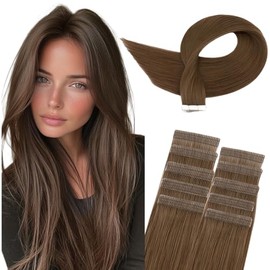 TESS Tape Hair Extensions Brown,Double Stitched Seamless Tapes In Hair Extensions 10 Pcs Straight Remy Human Hair Extension for Women (#04,14")/20g/Pack)