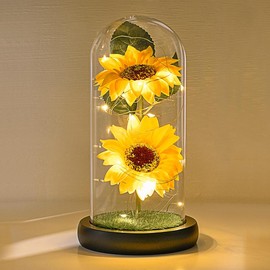 Sunflower Gifts For Women  Sunflowers Artificial Flowers In Glass Dome With Led Strip Birthday Mom & Grandma Decor On Mother's Day Christmas Valentine's (yellow-new):_Yellow-new