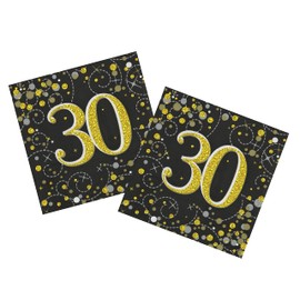 Party Angels 2 Packs (32 Napkins) of 30th Birthday Black Gold Unisex Holographic Sparkling Fizz Design Napkins Serviettes Tissue, 33cm x 33cm 3-ply Age 30 Male Female Napkins 16pcs in Each Pack