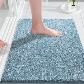 Yimobra Bathroom Rugs Mat, Extra Soft Comfortable Bath Rugs, Non-Slip, Water Absorbent and Thick Bathroom Floor Mats, Machine Washine, Shaggy Rugs for Shower Bathtubs, 24" x 17", Blue Grey&White