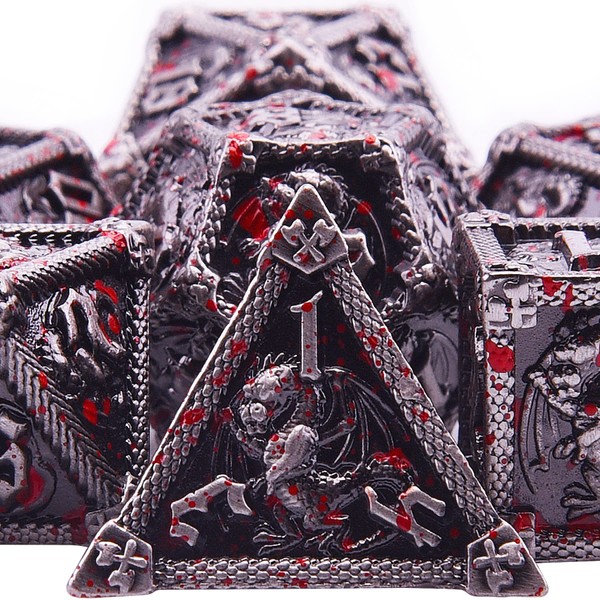SIQUK 7-Die Metal Dice for DND Polyhedral Dice with Box D20 D12 D10 D% D8 D6 D4 Dice Set for Dungeons and Dragons Roll Playing Game Warhammer RPG MTG Board Games (Antique Iron with Blood Spattered)